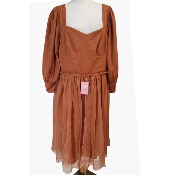 Ivy City Rust Orange Tulle Square Neck Puff Sleeve Midi Dress Plus‎ Size 2X